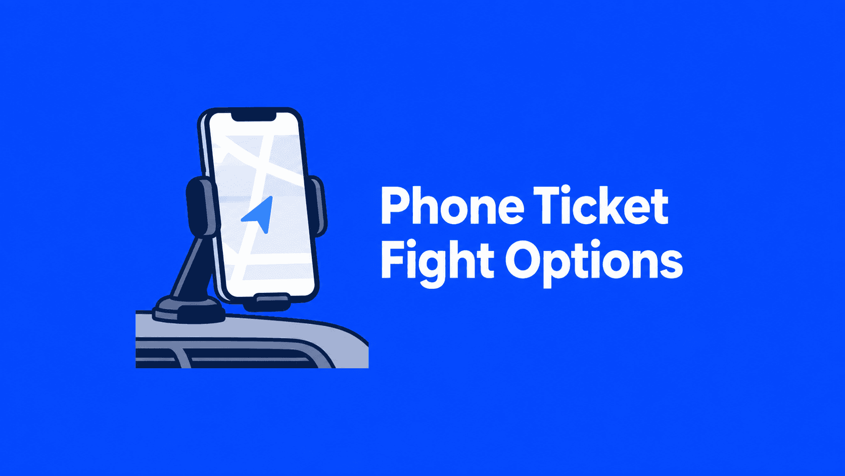 Flat blue illustration of a mounted phone with a map arrow and a white headline about California cell phone tickets