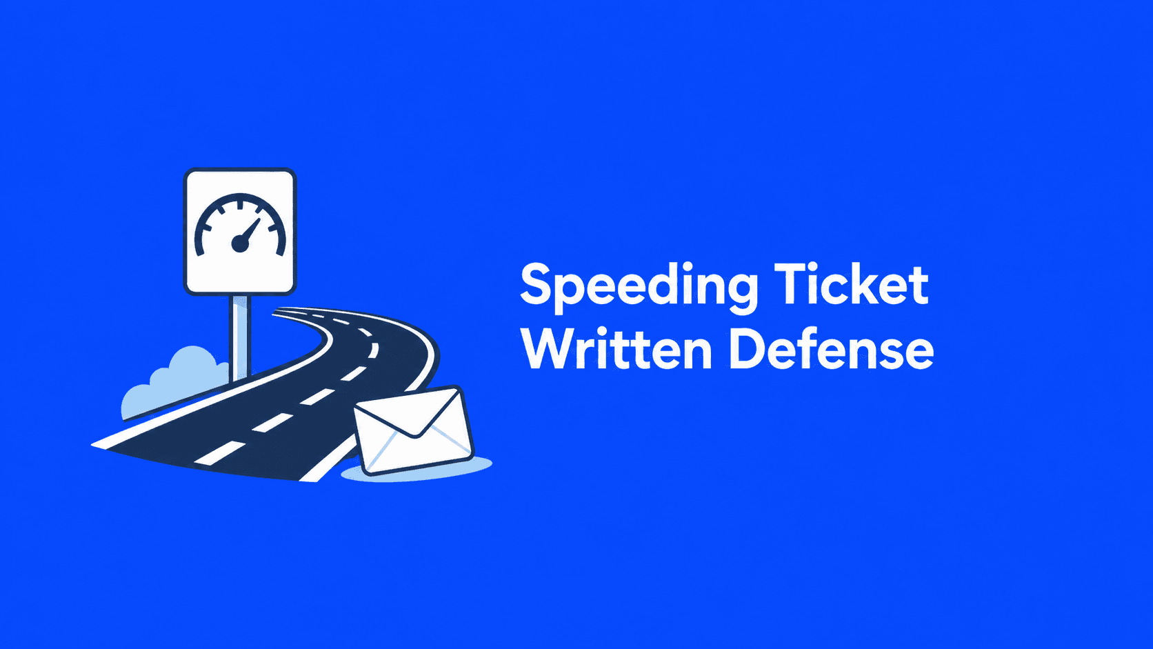 Flat blue illustration: speedometer, speed sign, road, and white envelope, with a white speeding ticket headline